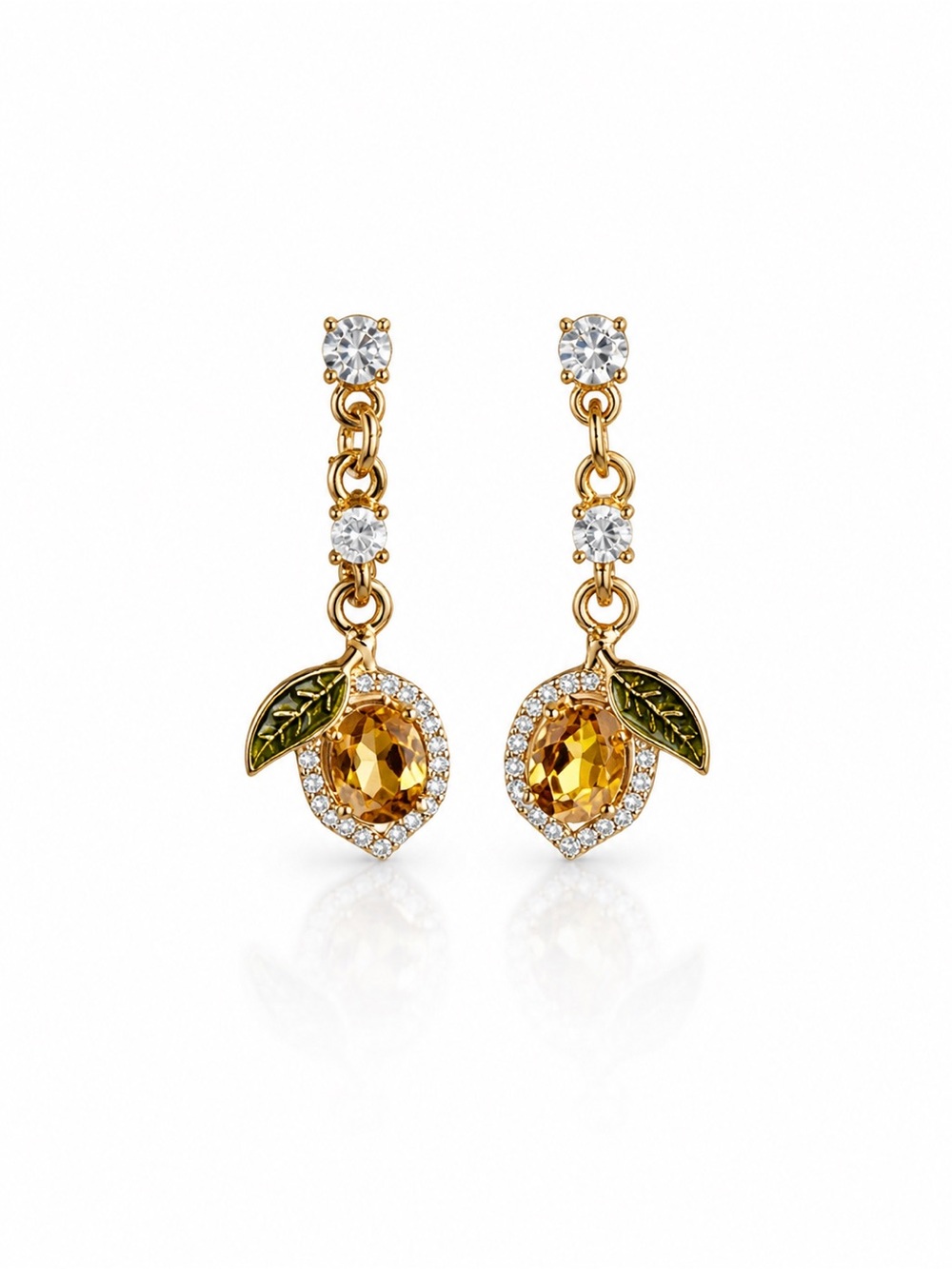 Gold Drop Earrings with Amber Crystal and Green Leaf - Picture 1 of 14